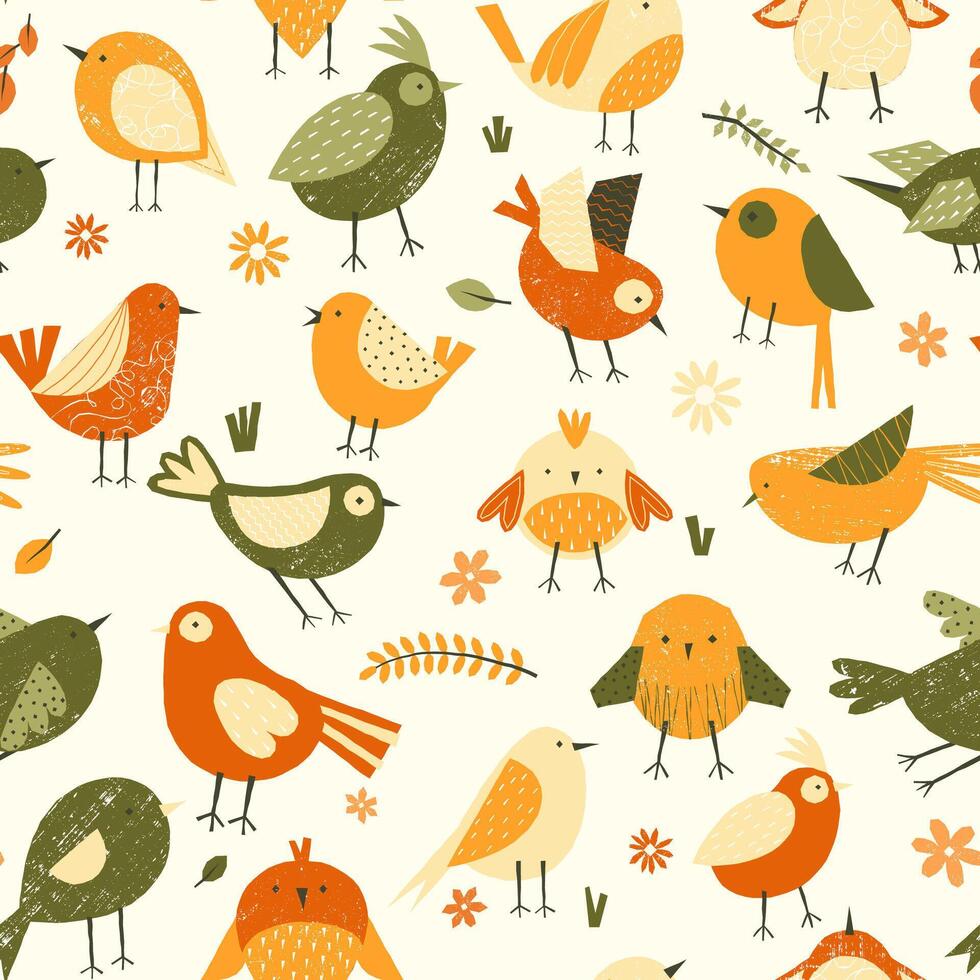Cute spring birds pattern. Seamless print with cartoon colorful flying animals, floral background for wrapping paper textile design. texture vector