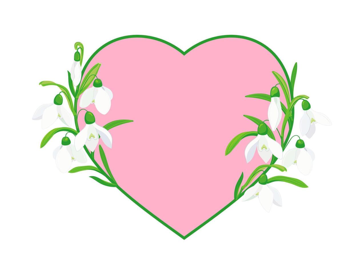 snowdrops in a flat style and a pink heart on a white background vector