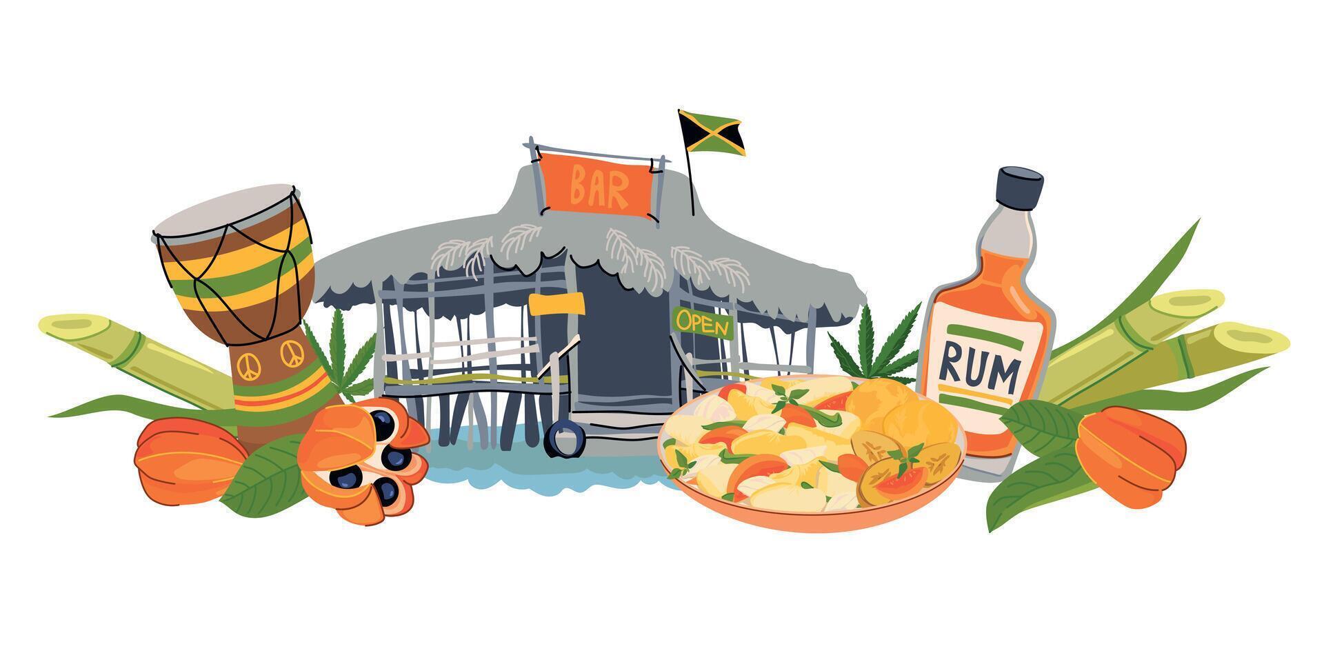 Composition with the sights of Jamaica. Traditional food, drum, beach bar, national fruit ackee, Rastafarianism, waterfall, rum. for the design of travel brochures, tourist maps. vector