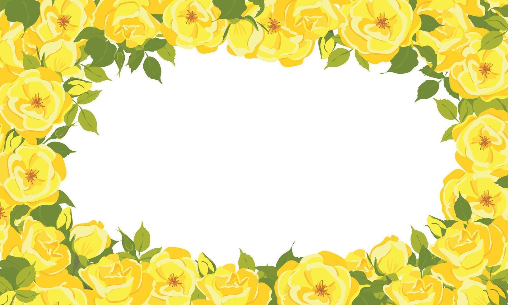 rectangular horizontal frame with yellow rose flowers and leaves on white. Summer flowers for wedding card, romantic valentine, greeting card, invitation or posters. vector