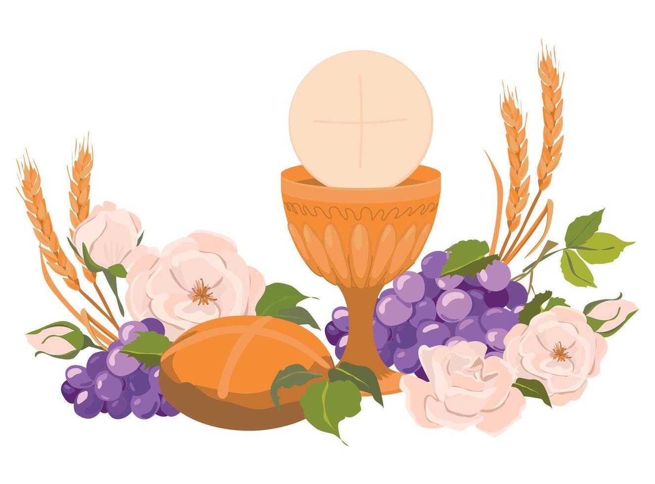 Composition of Christian symbols, attributes of the first communion. Golden bowl for wine, bread, wine, grapes, white roses in flat style. Design elements for an invitation to the Holy Eucharist. vector