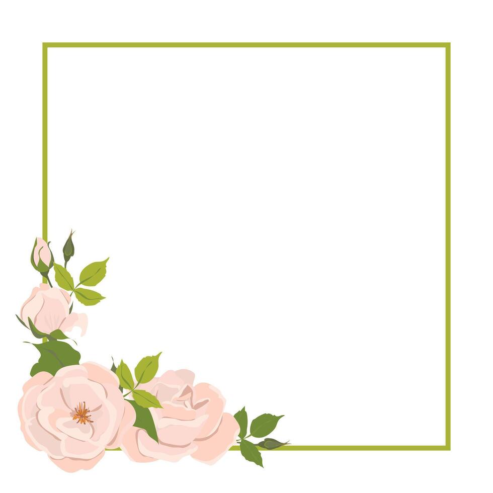 Square frame with roses. Wedding invitation with delicate pink flowers. Retro greeting card template for Mother's Day or March 8th in pastel colors. Flat cartoon style. vector