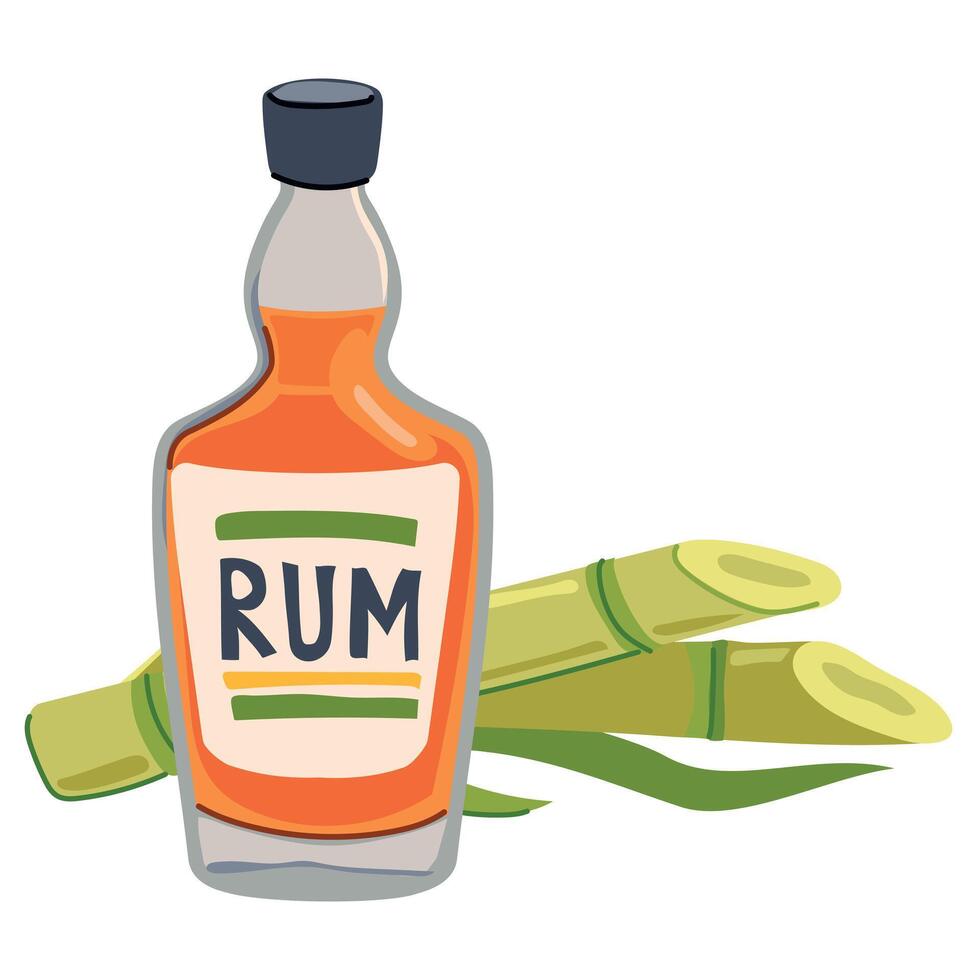 Bottle of rum with sugar cane. . Alcoholic drink and cooking ingredient. Sweet plant and liquid in flat style on a white background. vector