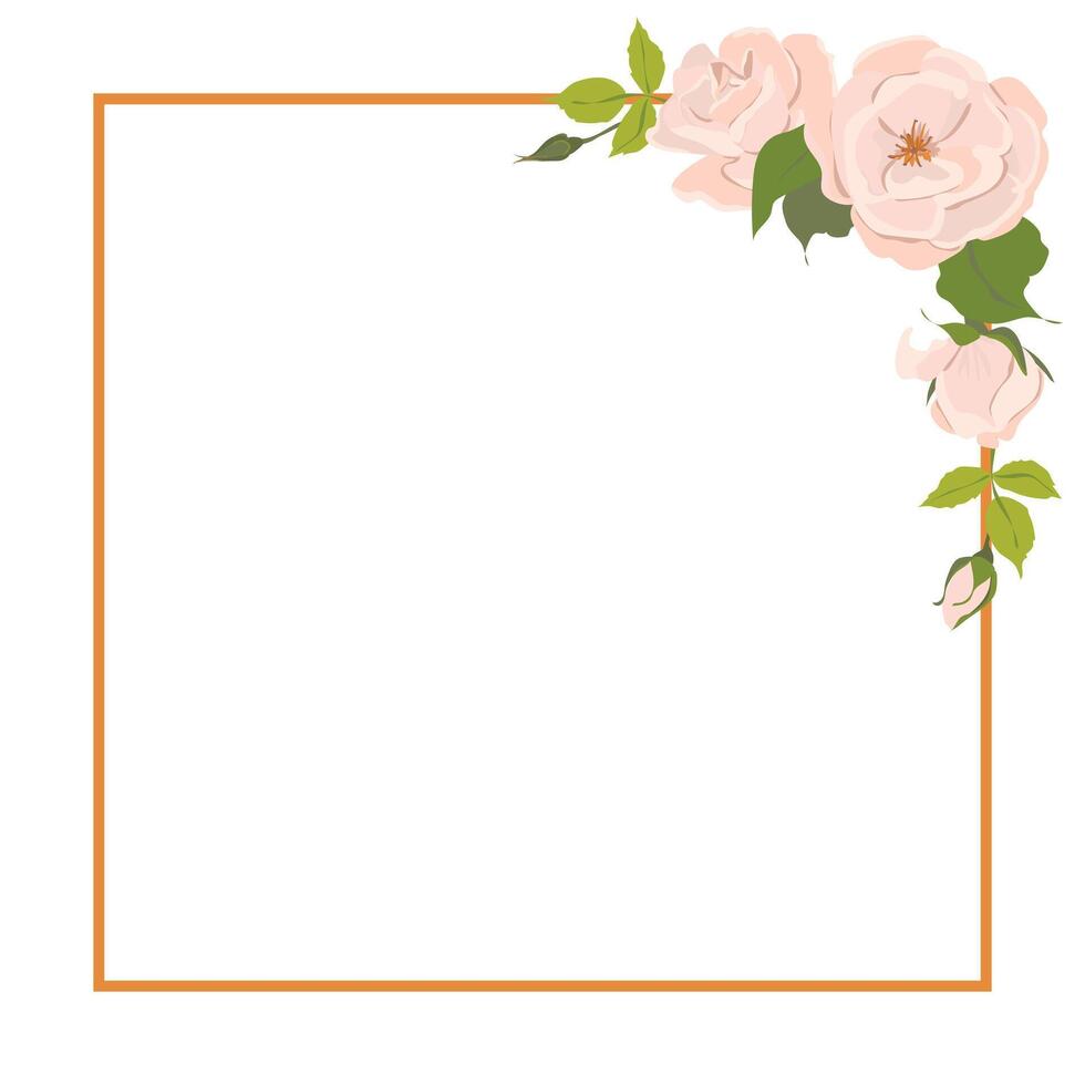 Square frame with roses. Wedding invitation with delicate pink flowers. Retro greeting card template for Mother's Day or March 8th in pastel colors. Flat cartoon style. vector