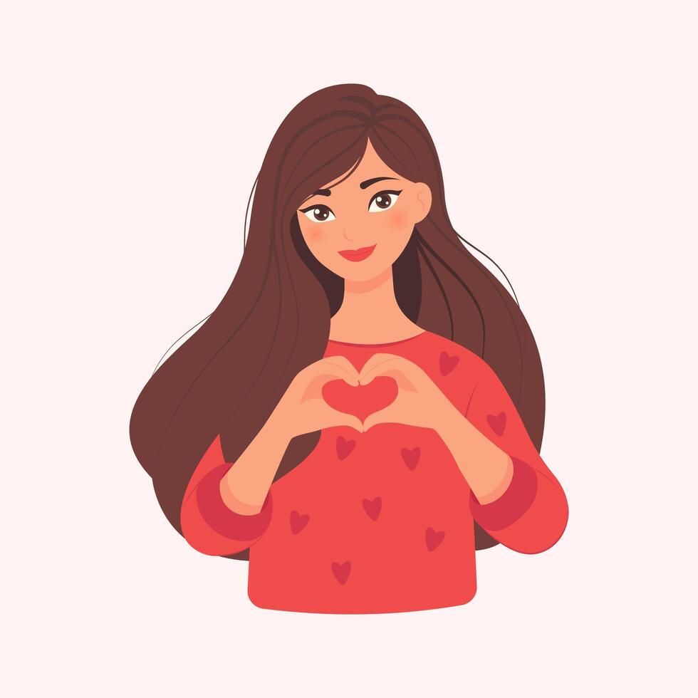 Beautiful girl in a red sweater making heart shape with hands. The concept of self love. Happy woman with love in heart vector