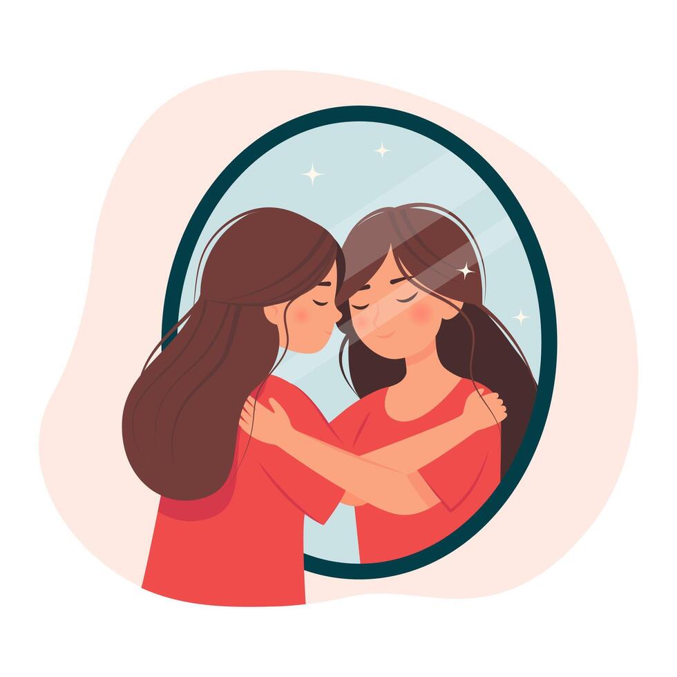 Girl hugs her reflection in the mirror. Mental health and self love. Concept of self-love and self-acceptance. Young woman and her mirroring vector