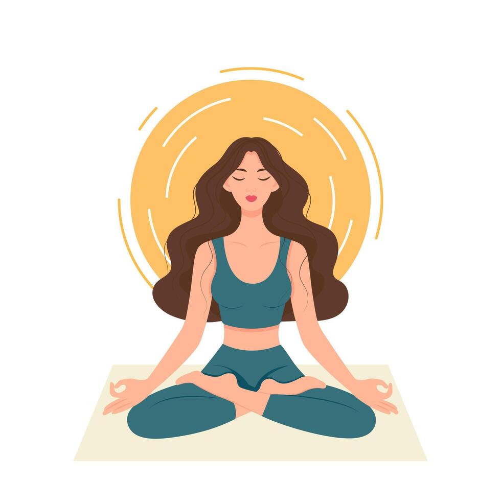 internacional yoga día. hermosa niña haciendo yoga. joven mujer en loto posición meditando vector