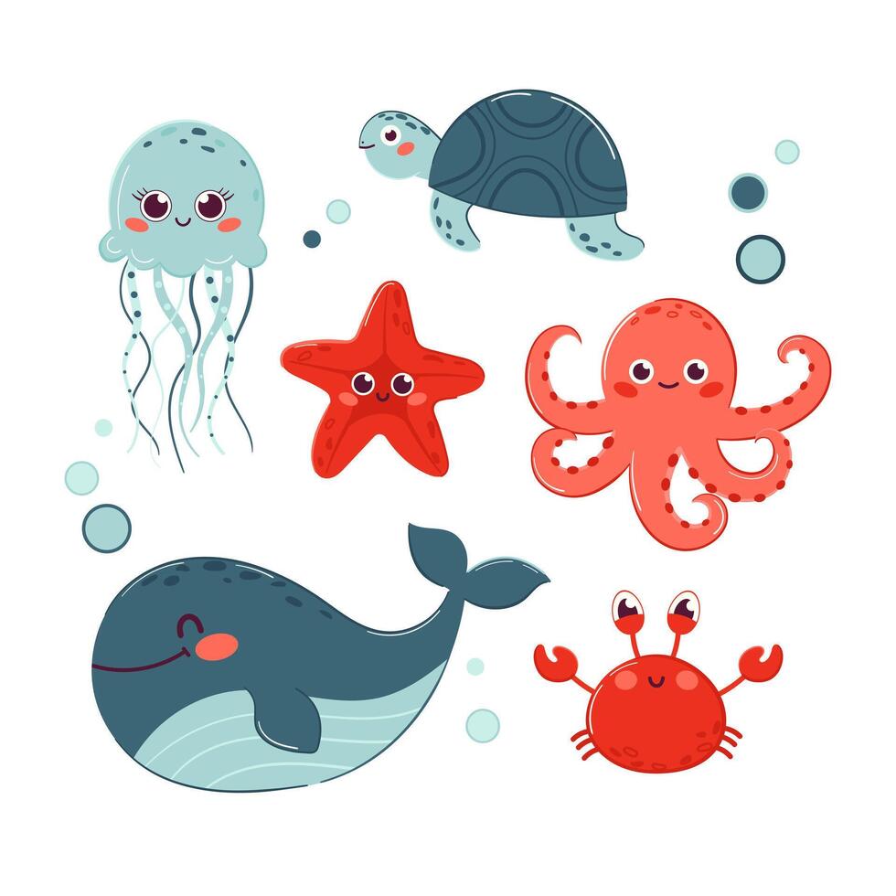 Set of cute sea inhabitants. Ocean animals in kawaii style. Jellyfish, octopus, whale, crab, turtle, starfish. Cute underwater animals, funny marine creatures vector