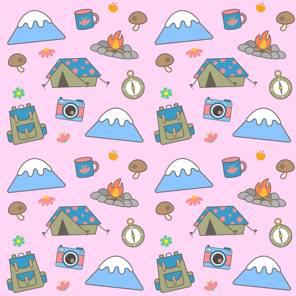 kids seamless pattern hand drawn cute summer camping illustration vector