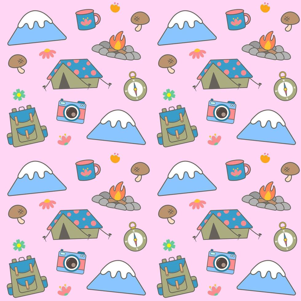 kids seamless pattern hand drawn cute summer camping illustration vector