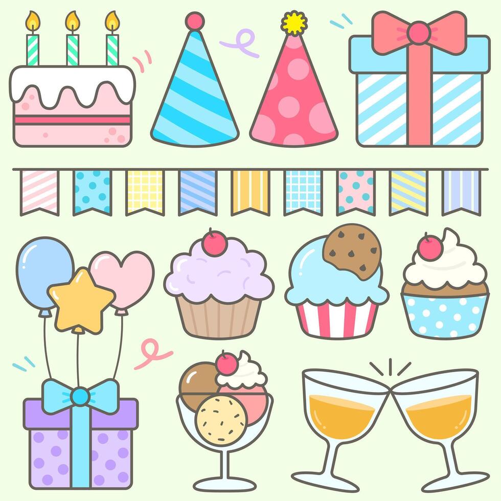 Kids hand drawn kawaii birthday party cute elements set vector