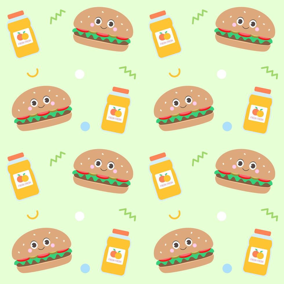 Kids seamless pattern cute hamburger with orange juice hand drawn green background vector