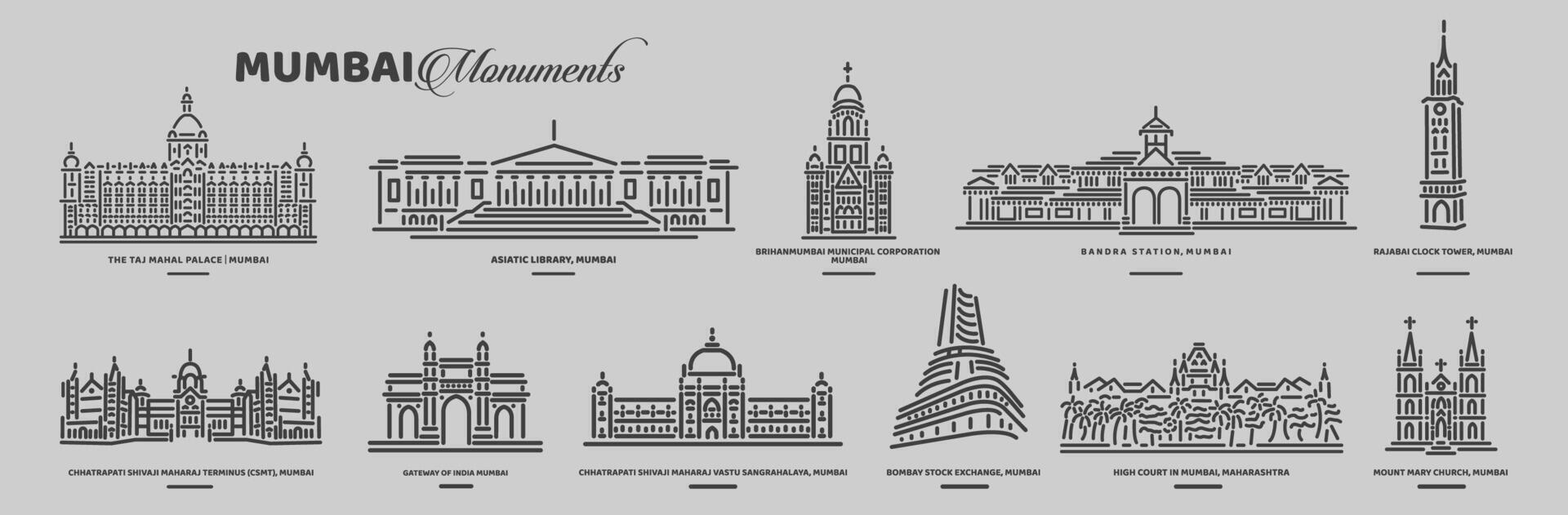 conjunto de Mumbai monumentos en gris líneas iconos vector