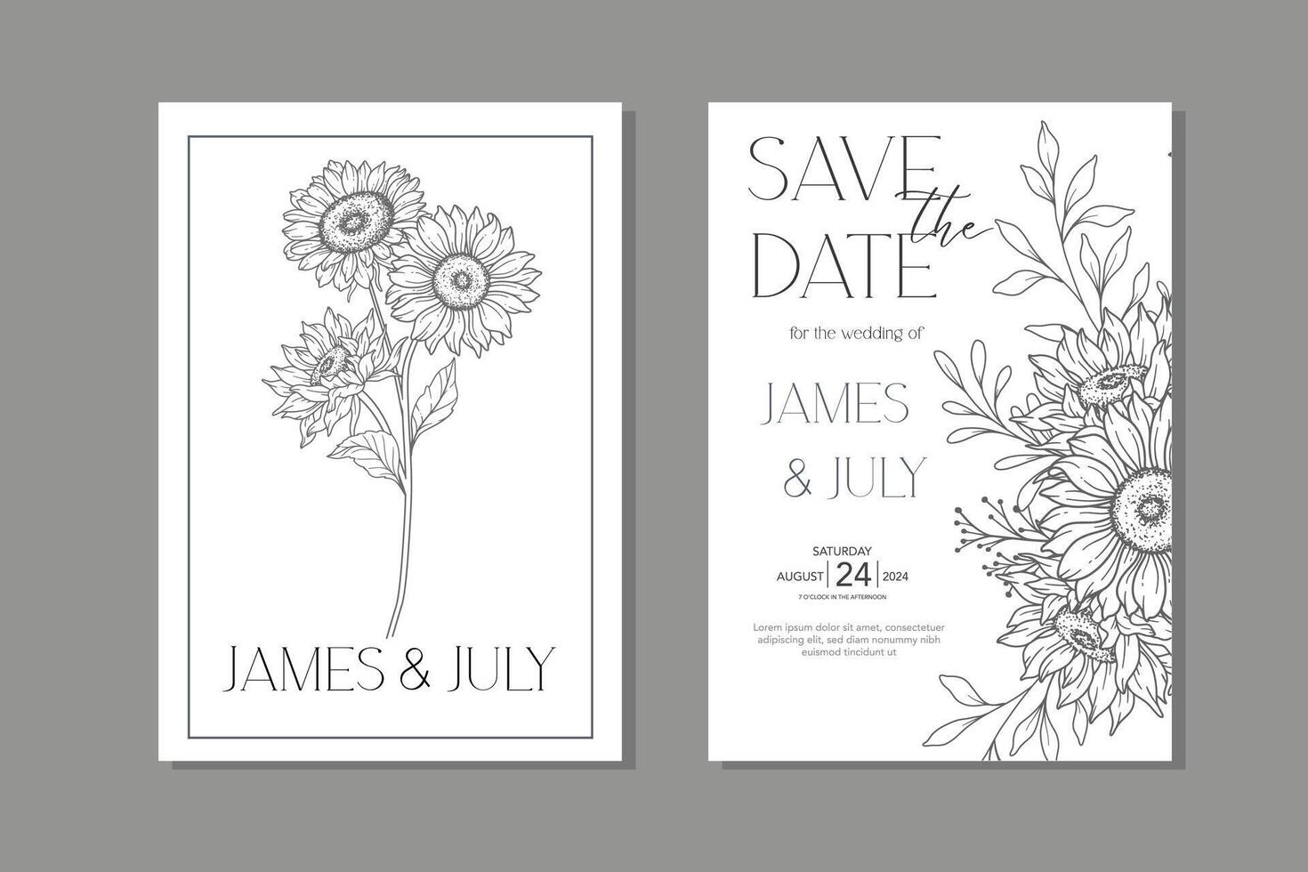 Line Art Sunflowers Wedding Invitation template, Outline Sunflowers Minimalist Wedding Stationery, Sunflowers Wedding vector