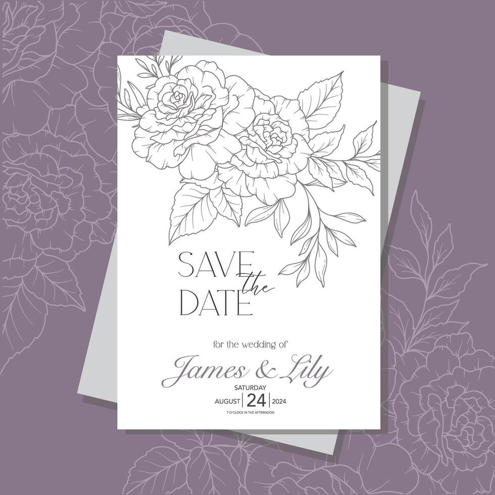 Line Art Roses Wedding Invitation template, Outline Rose Flowers Minimalist Wedding Stationery vector