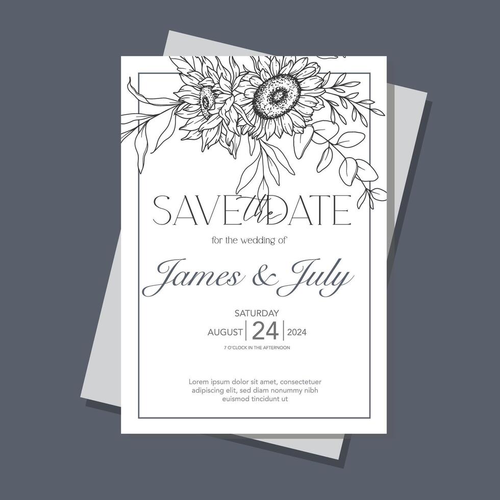 Line Art Sunflowers Wedding Invitation template, Outline Sunflowers Minimalist Wedding Stationery, Sunflowers Wedding vector