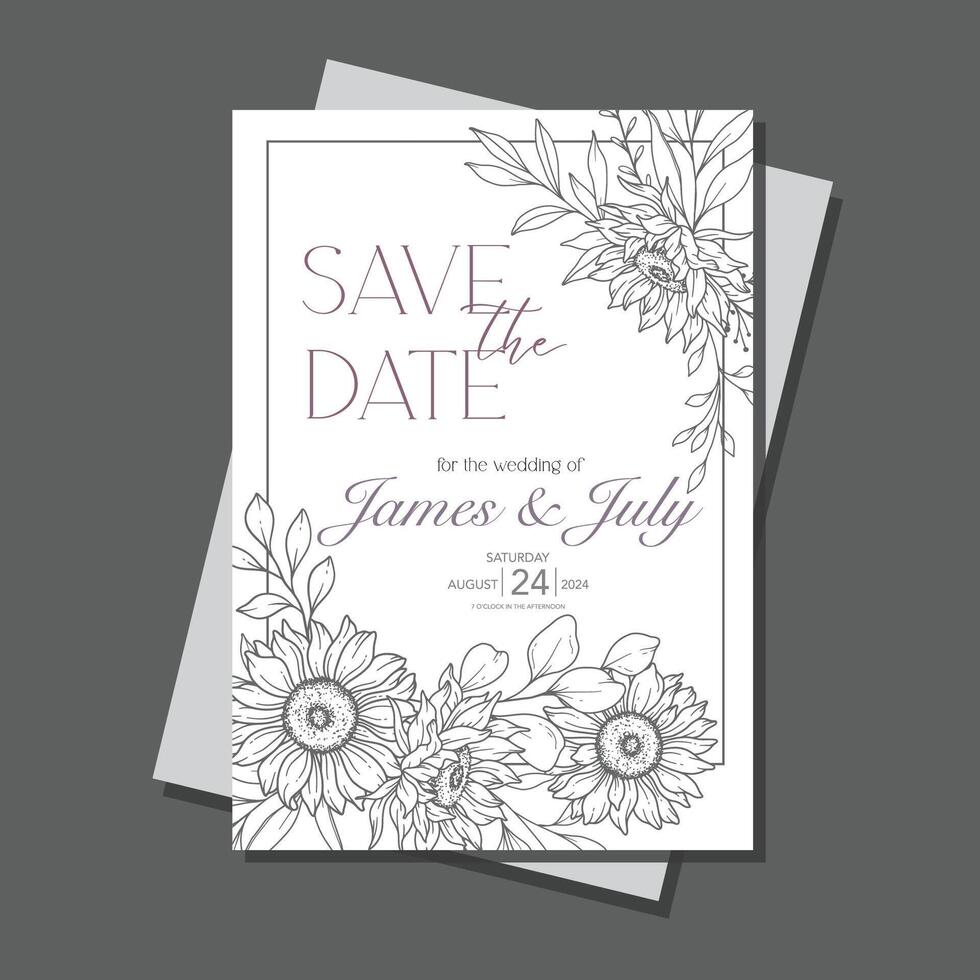 Line Art Sunflowers Wedding Invitation template, Outline Sunflowers Minimalist Wedding Stationery, Sunflowers Wedding vector