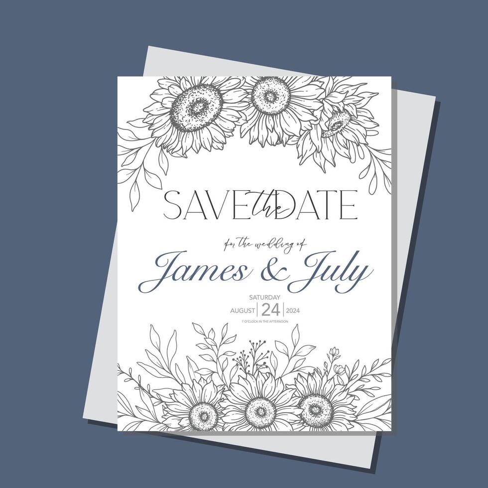 Line Art Sunflowers Wedding Invitation template, Outline Sunflowers Minimalist Wedding Stationery, Sunflowers Wedding vector