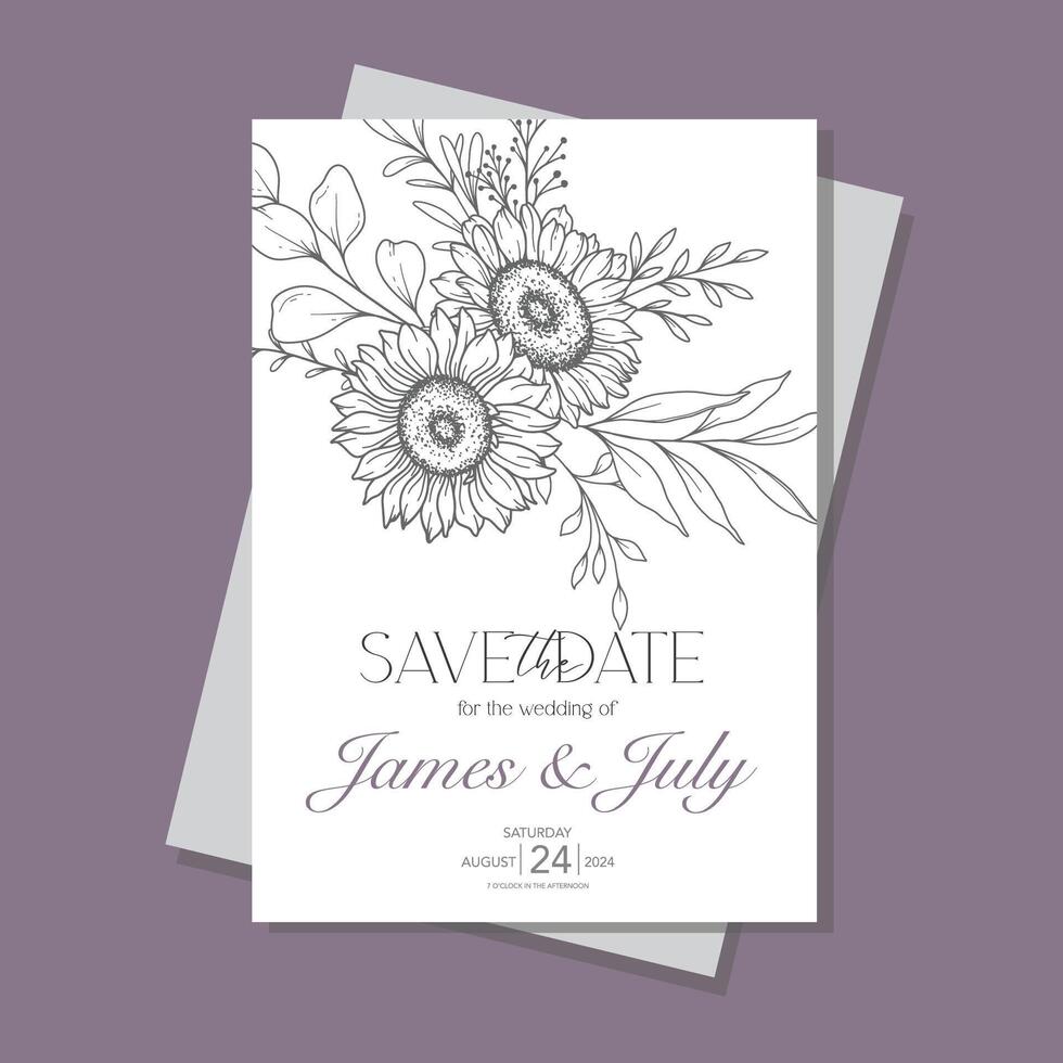 Line Art Sunflowers Wedding Invitation template, Outline Sunflowers Minimalist Wedding Stationery, Sunflowers Wedding vector