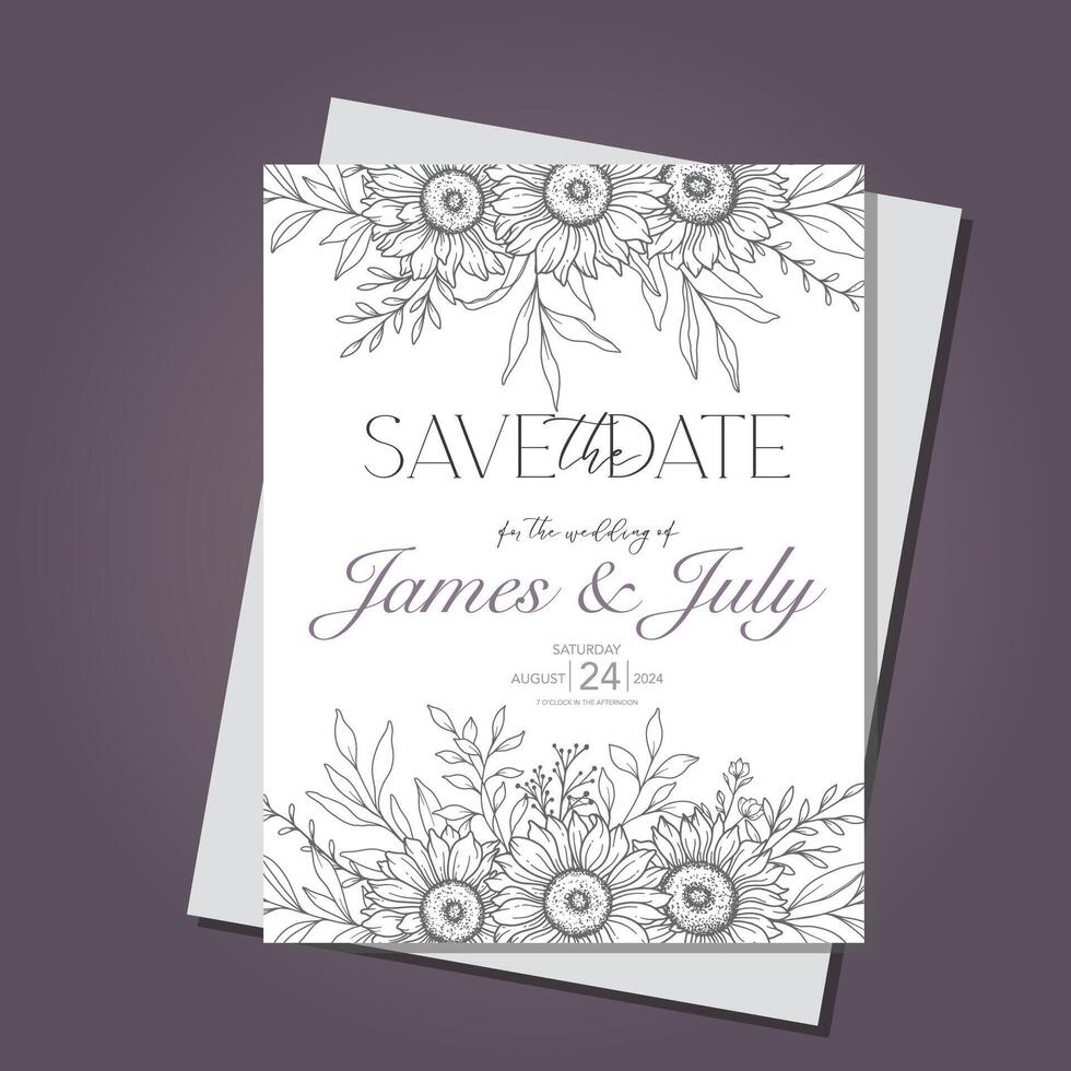 Line Art Sunflowers Wedding Invitation template, Outline Sunflowers Minimalist Wedding Stationery, Sunflowers Wedding vector