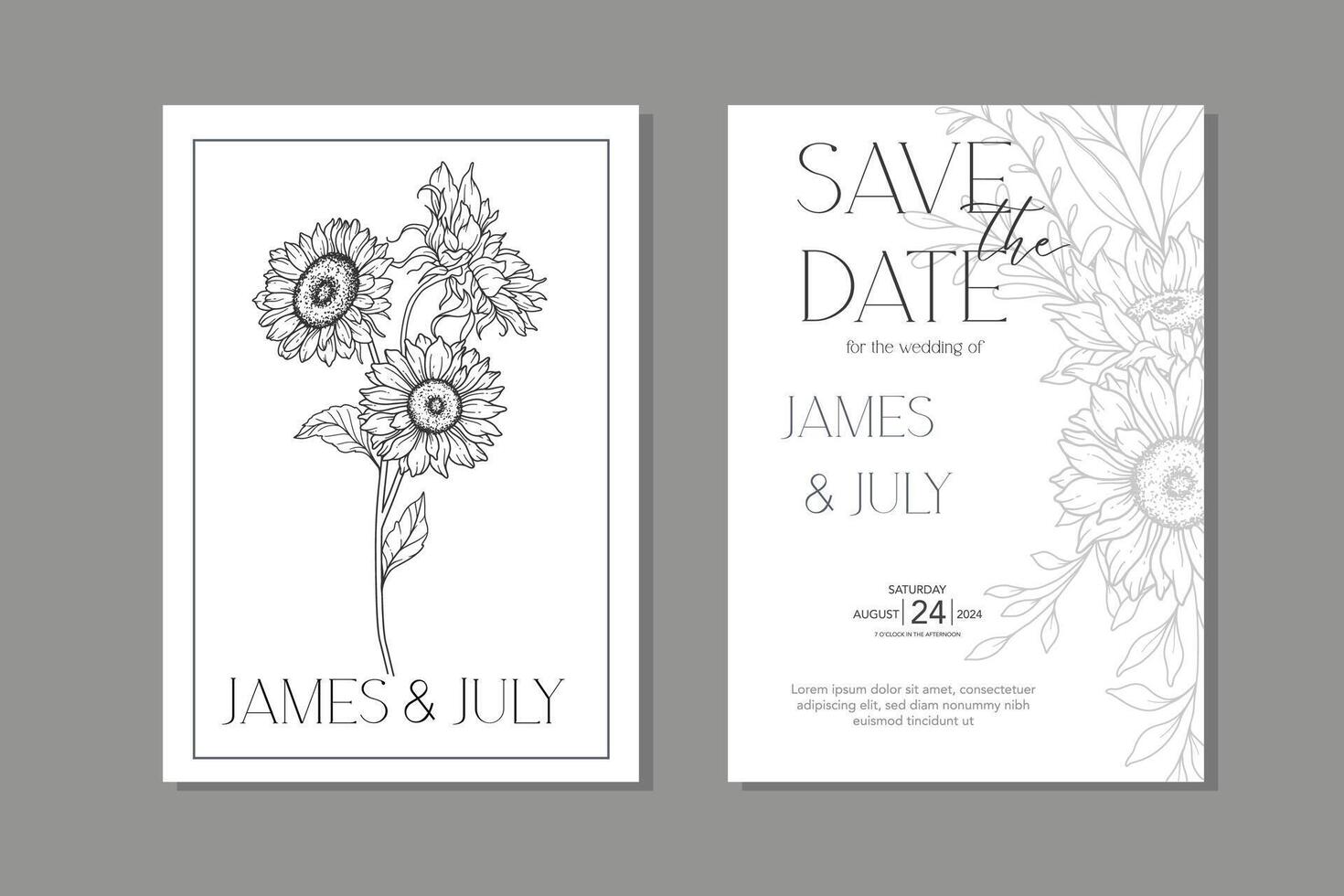 Line Art Sunflowers Wedding Invitation template, Outline Sunflowers Minimalist Wedding Stationery, Sunflowers Wedding vector