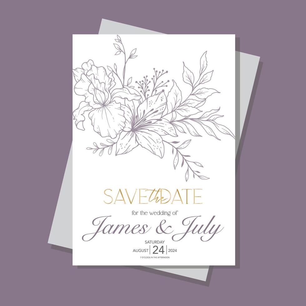 Line Art Wildflowers Wedding Invitation template, Outline Wildflowers Minimalist Wedding Stationery vector