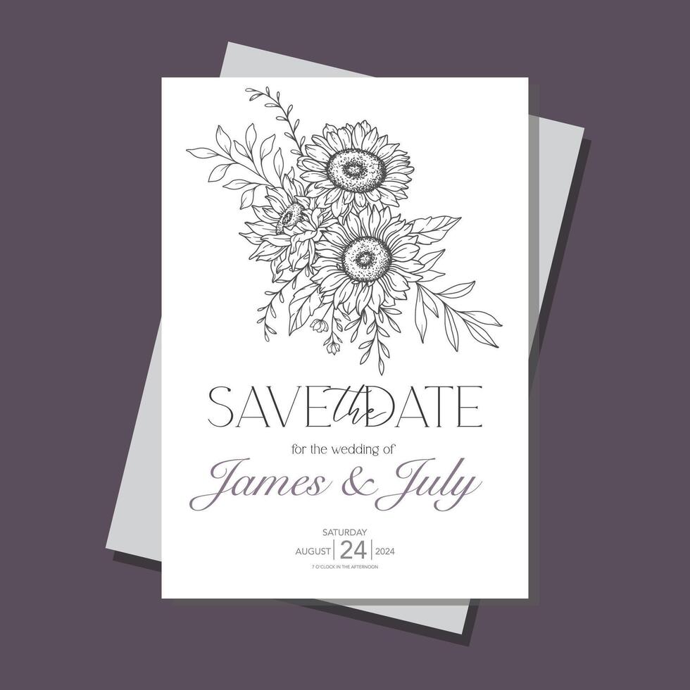 Line Art Sunflowers Wedding Invitation template, Outline Sunflowers Minimalist Wedding Stationery, Sunflowers Wedding vector