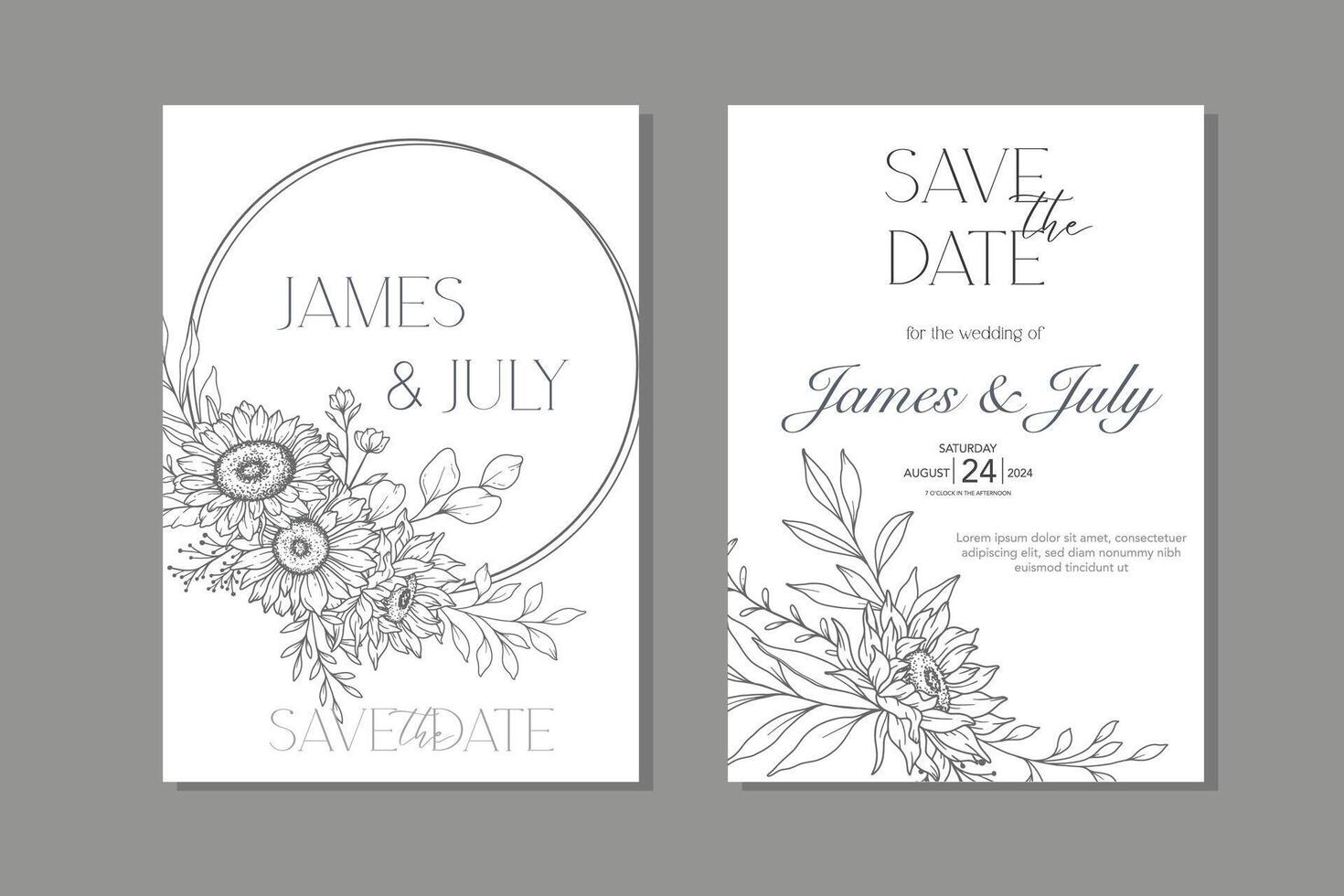 Line Art Sunflowers Wedding Invitation template, Outline Sunflowers Minimalist Wedding Stationery, Sunflowers Wedding vector