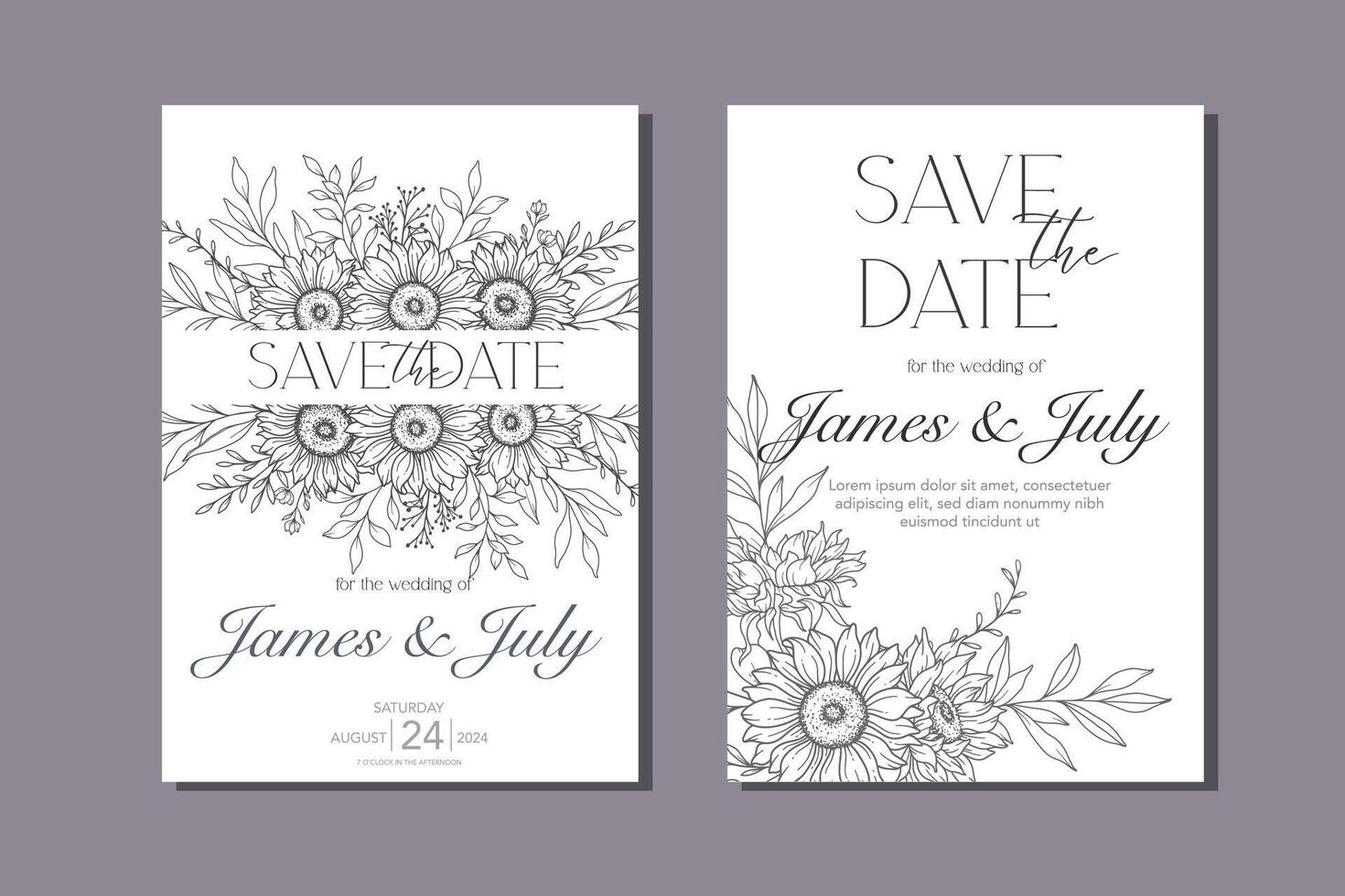 Line Art Sunflowers Wedding Invitation template, Outline Sunflowers Minimalist Wedding Stationery, Sunflowers Wedding vector