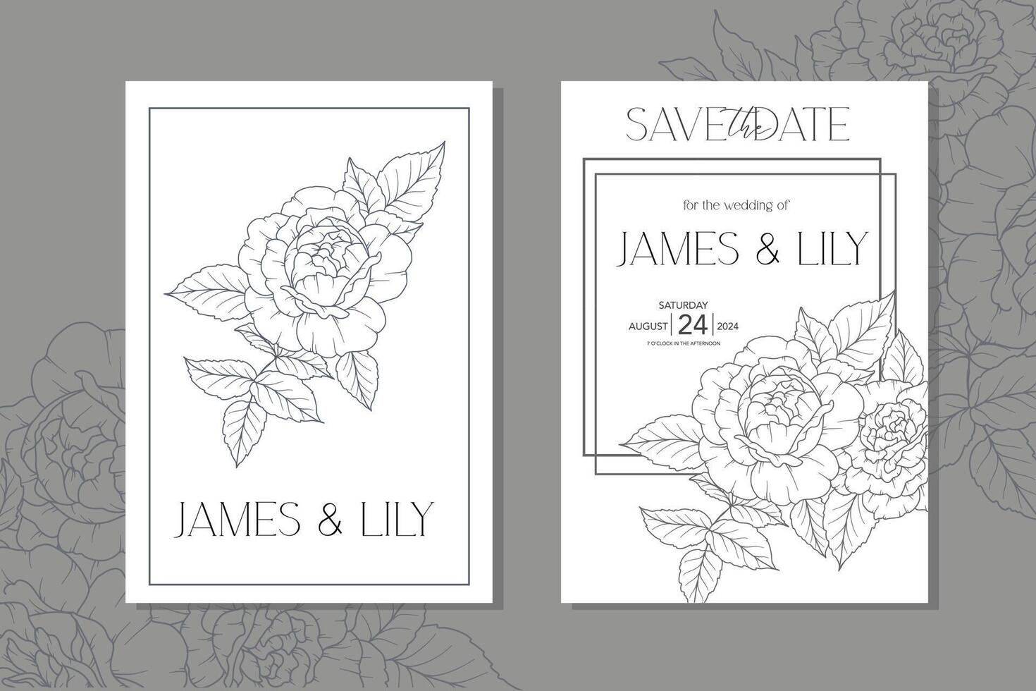 línea Arte rosas Boda invitación plantilla, contorno Rosa flores minimalista Boda papelería vector