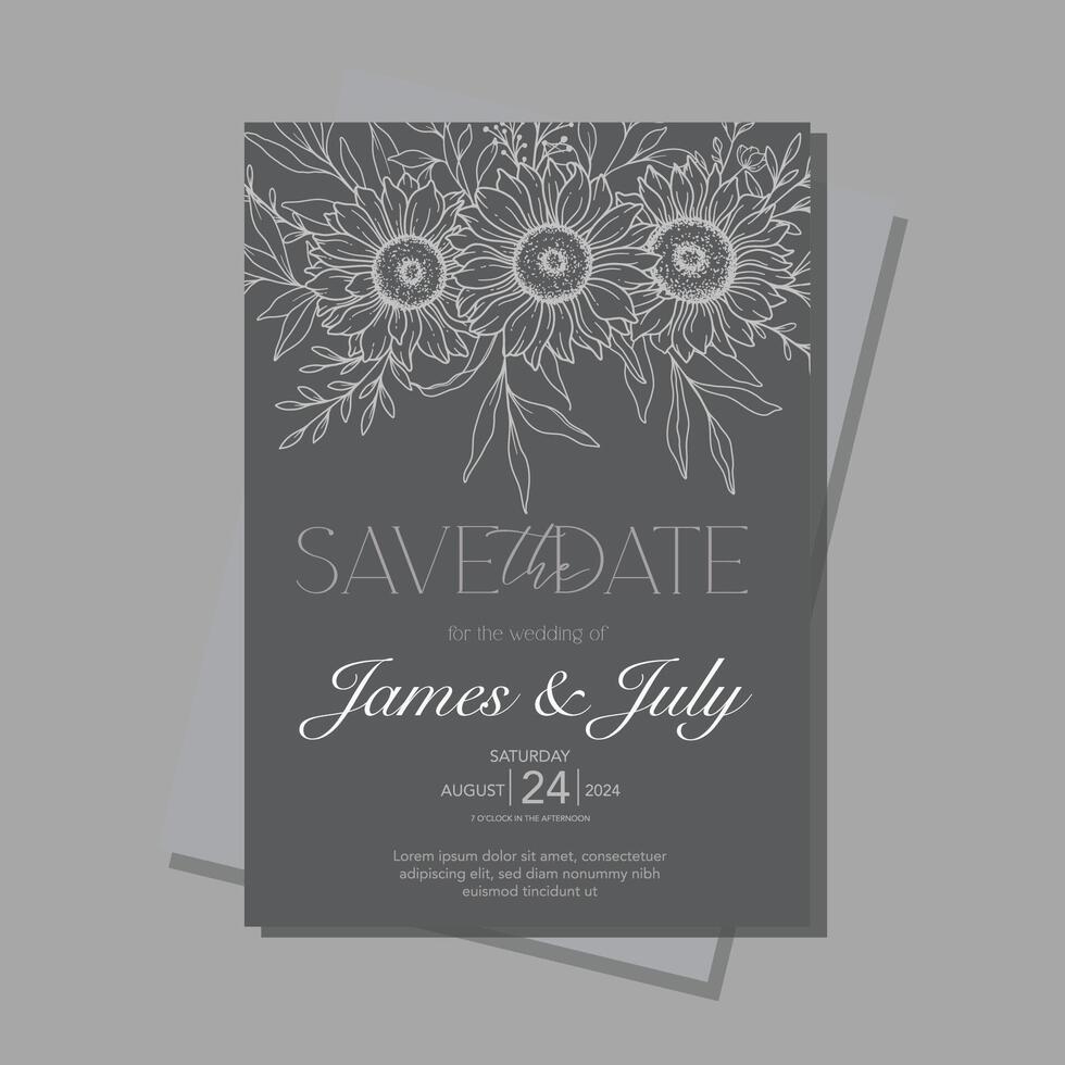 Line Art Sunflowers Wedding Invitation template, Outline Sunflowers Minimalist Wedding Stationery, Sunflowers Wedding vector