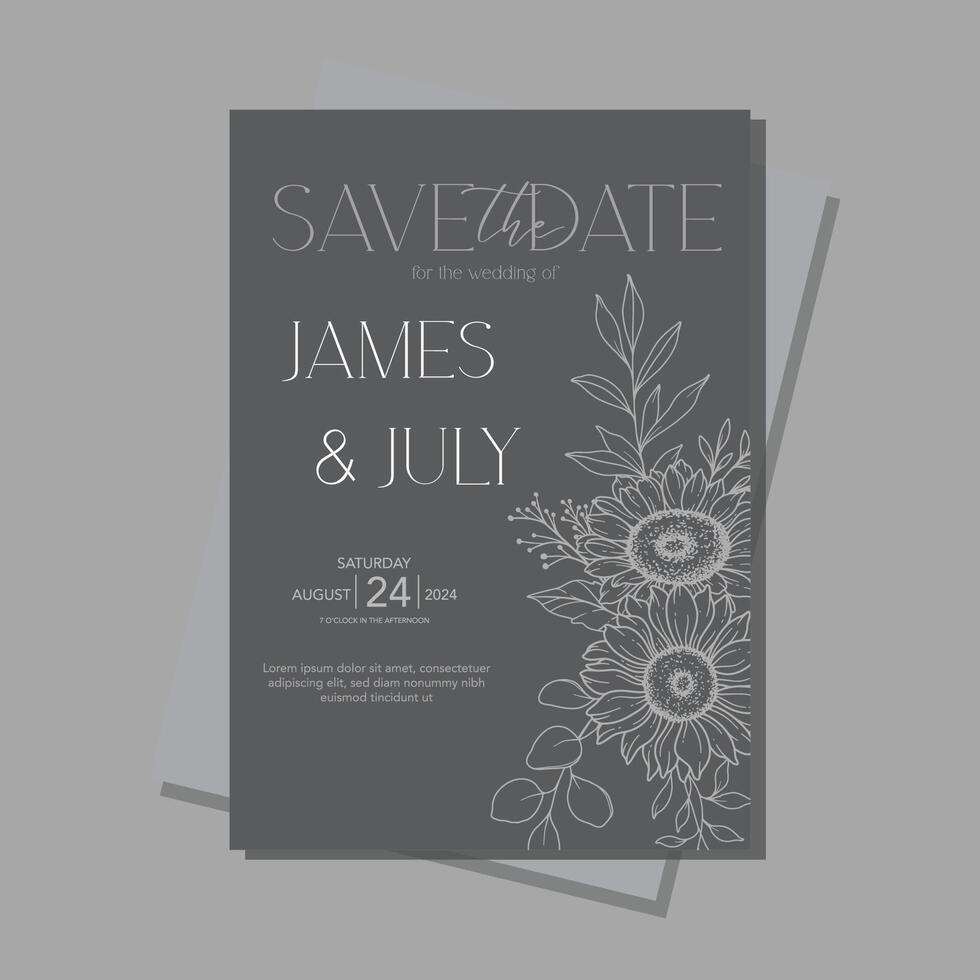 Line Art Sunflowers Wedding Invitation template, Outline Sunflowers Minimalist Wedding Stationery, Sunflowers Wedding vector