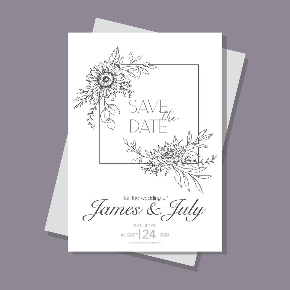 Line Art Sunflowers Wedding Invitation template, Outline Sunflowers Minimalist Wedding Stationery, Sunflowers Wedding vector