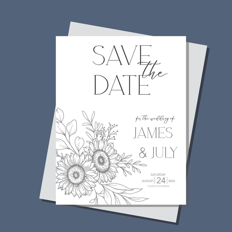 Line Art Sunflowers Wedding Invitation template, Outline Sunflowers Minimalist Wedding Stationery, Sunflowers Wedding vector