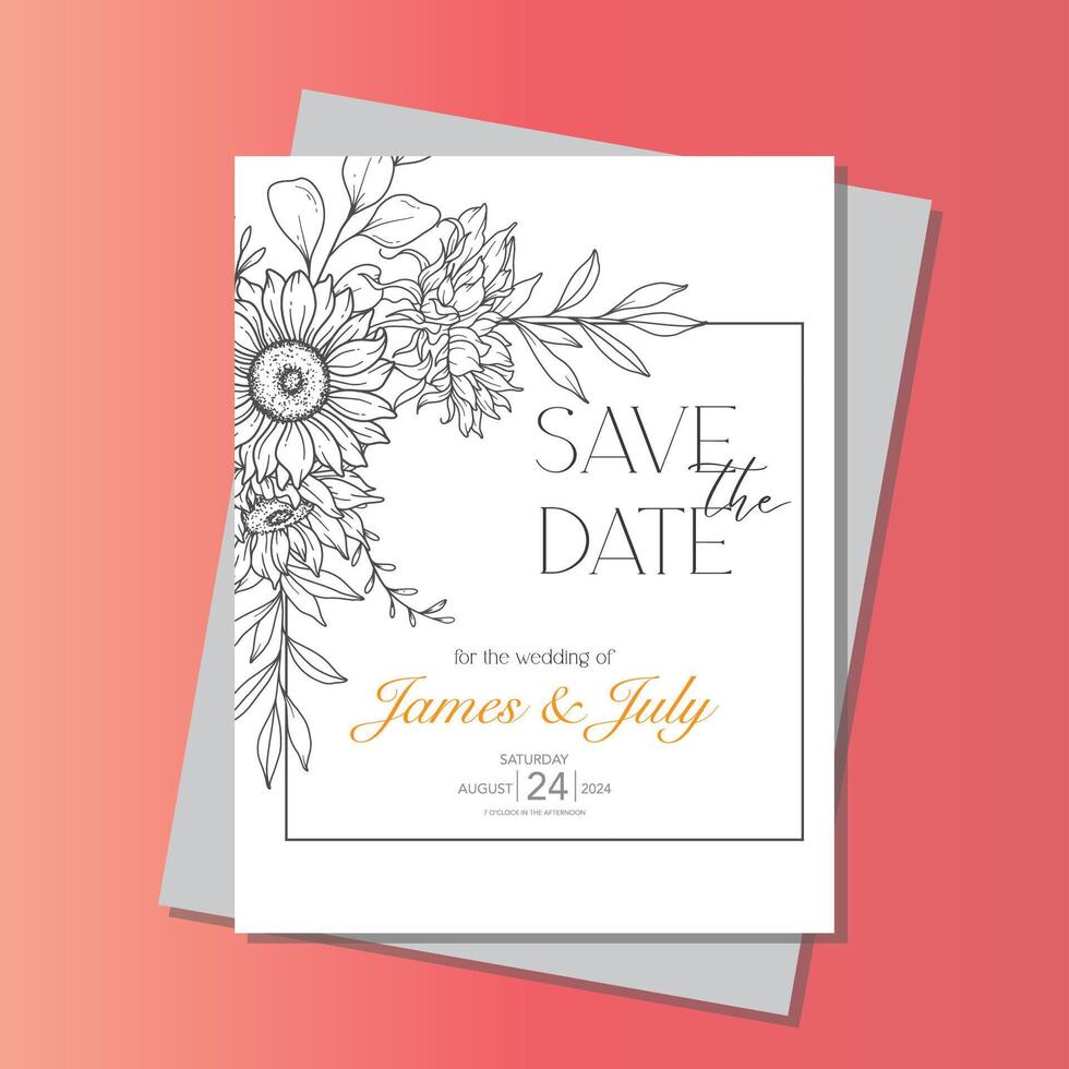 Line Art Sunflowers Wedding Invitation template, Outline Sunflowers Minimalist Wedding Stationery, Sunflowers Wedding vector