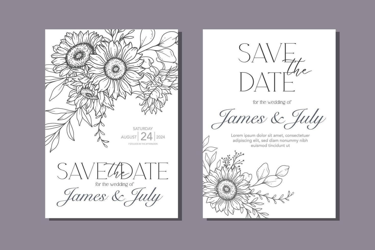 Line Art Sunflowers Wedding Invitation template, Outline Sunflowers Minimalist Wedding Stationery, Sunflowers Wedding vector
