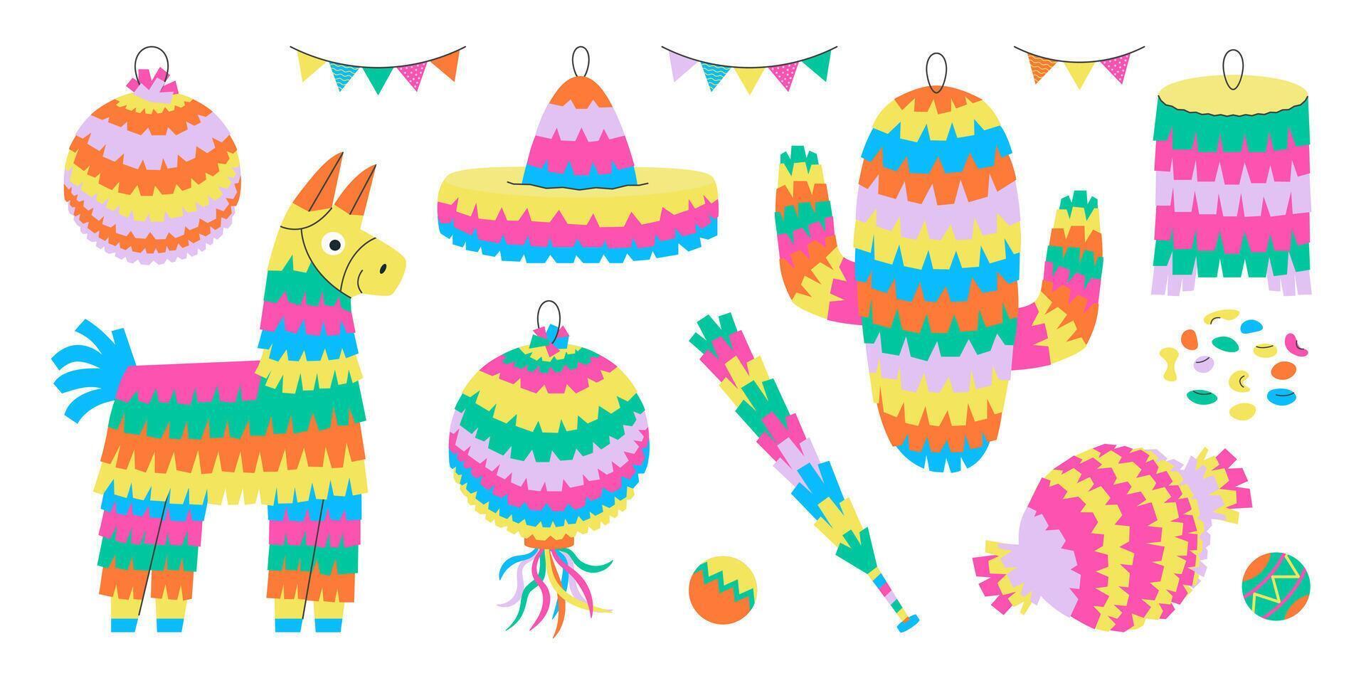 Pinata with sweets, Mexican holiday toys set vector