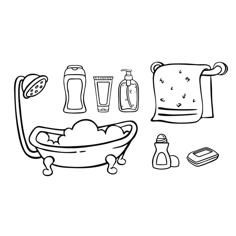 conjunto de baño objetos, personal higiene ilustración, vector