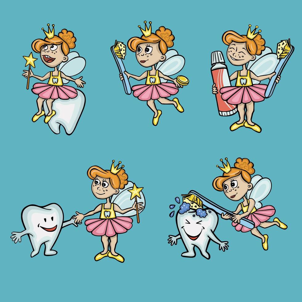 Set with tooth fairy and tooth character, illustration vector