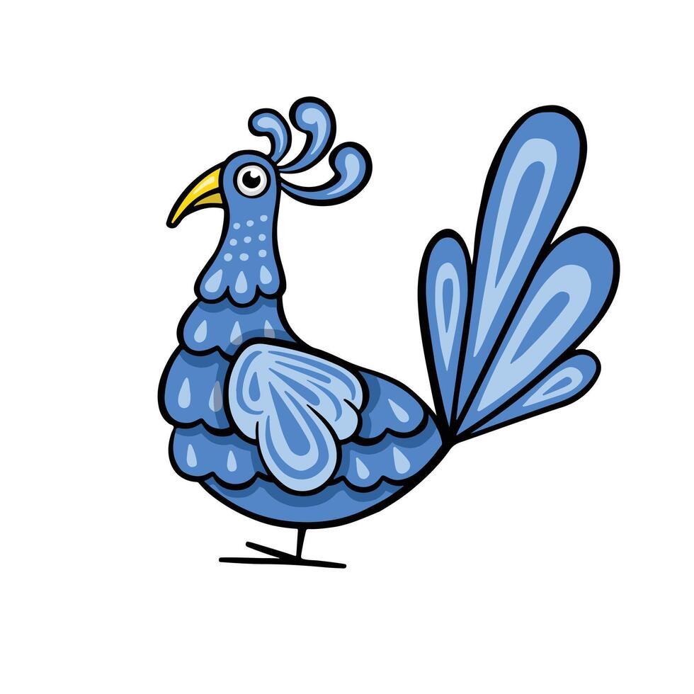 azul pavo real pájaro dibujos animados, ilustración mano dibujado vector
