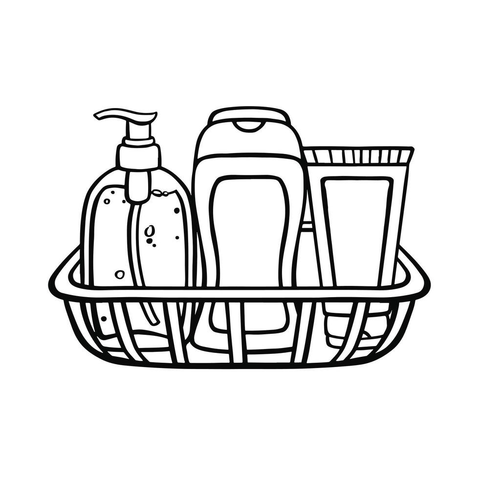 bathroom shelf with bottles and vials, personal hygiene illustration, vector