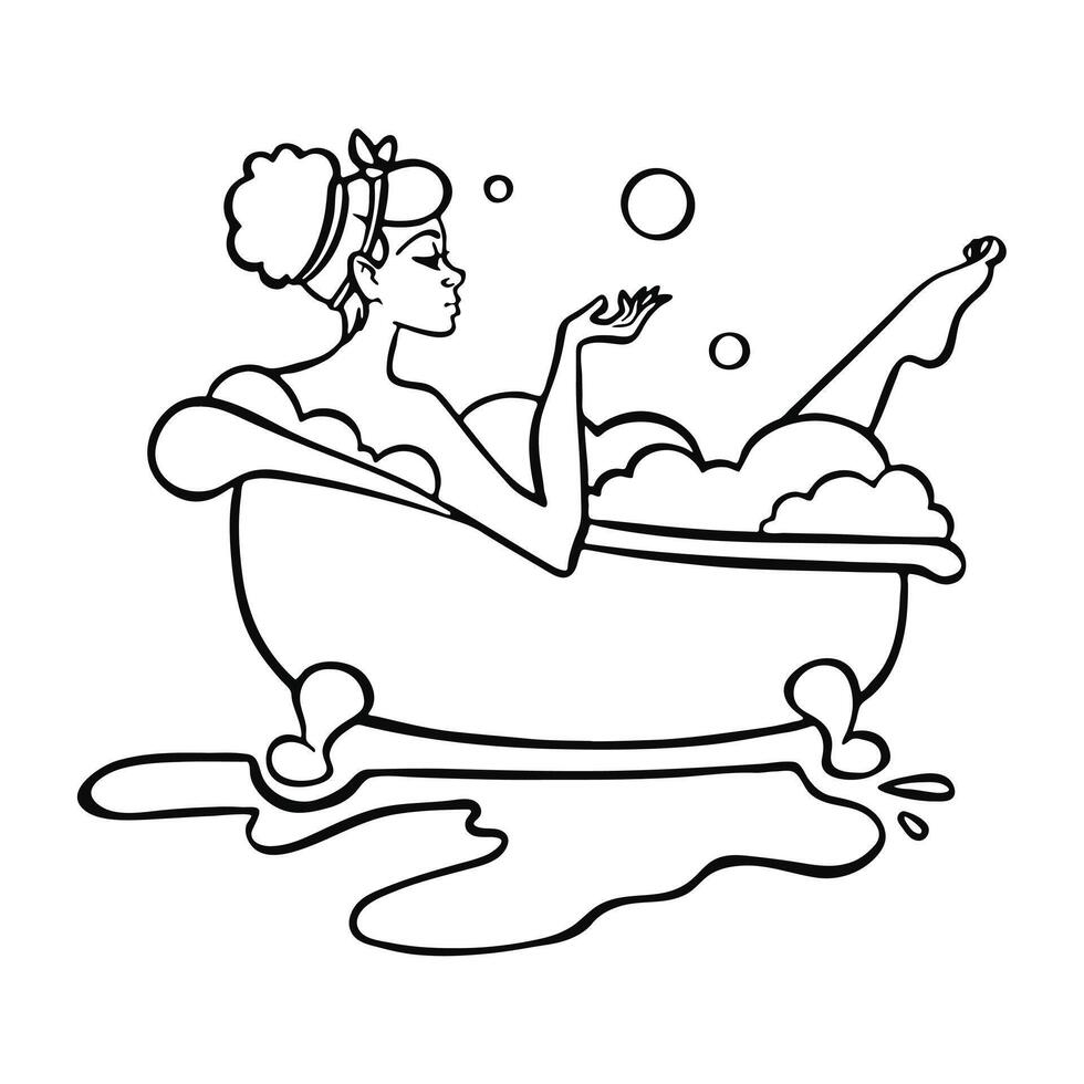 Cartoon outline women bathing relax in bathroom. illustration vector