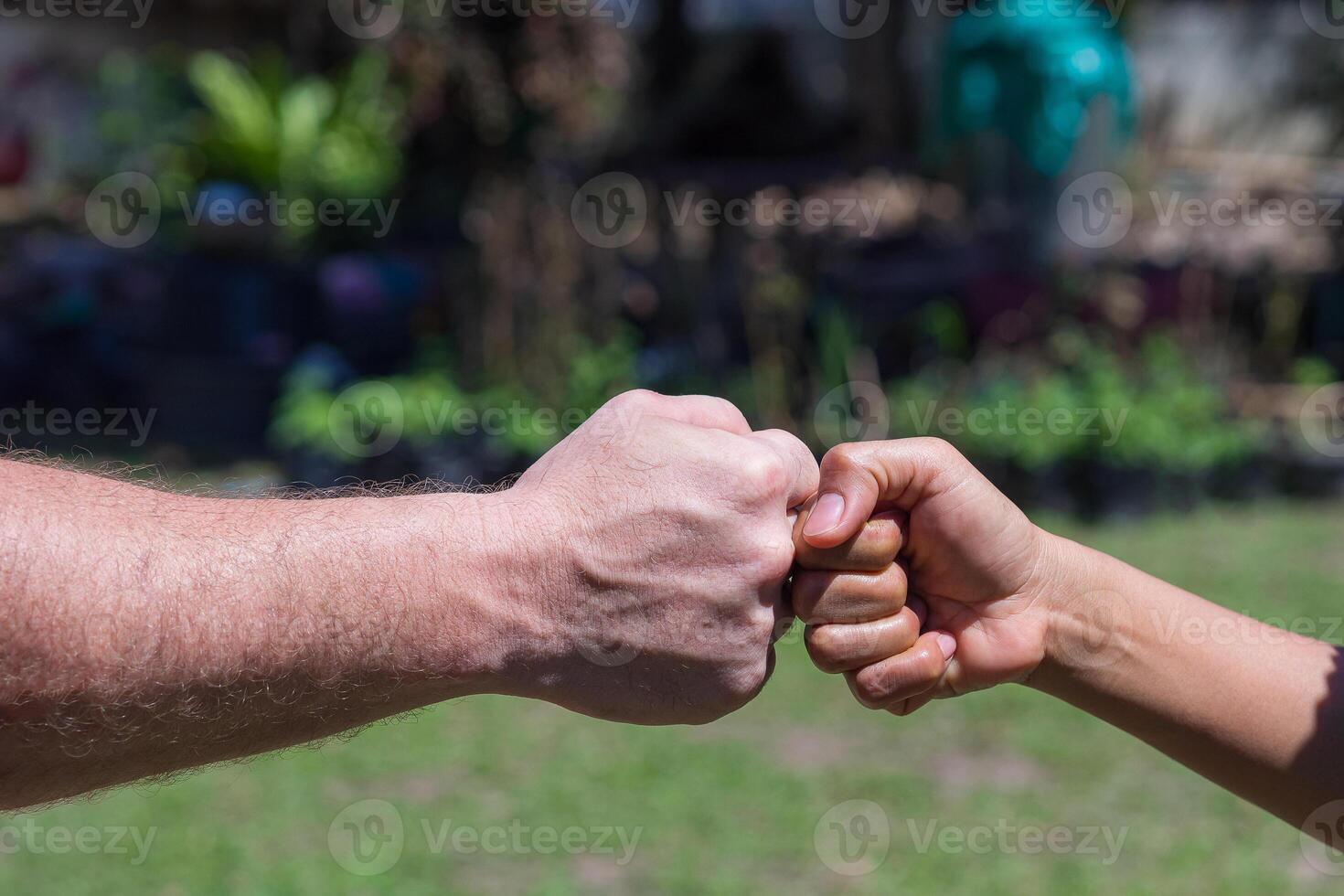 Close-up of two fists of woman and man bumping together in a garden. Concept of teamwork photo