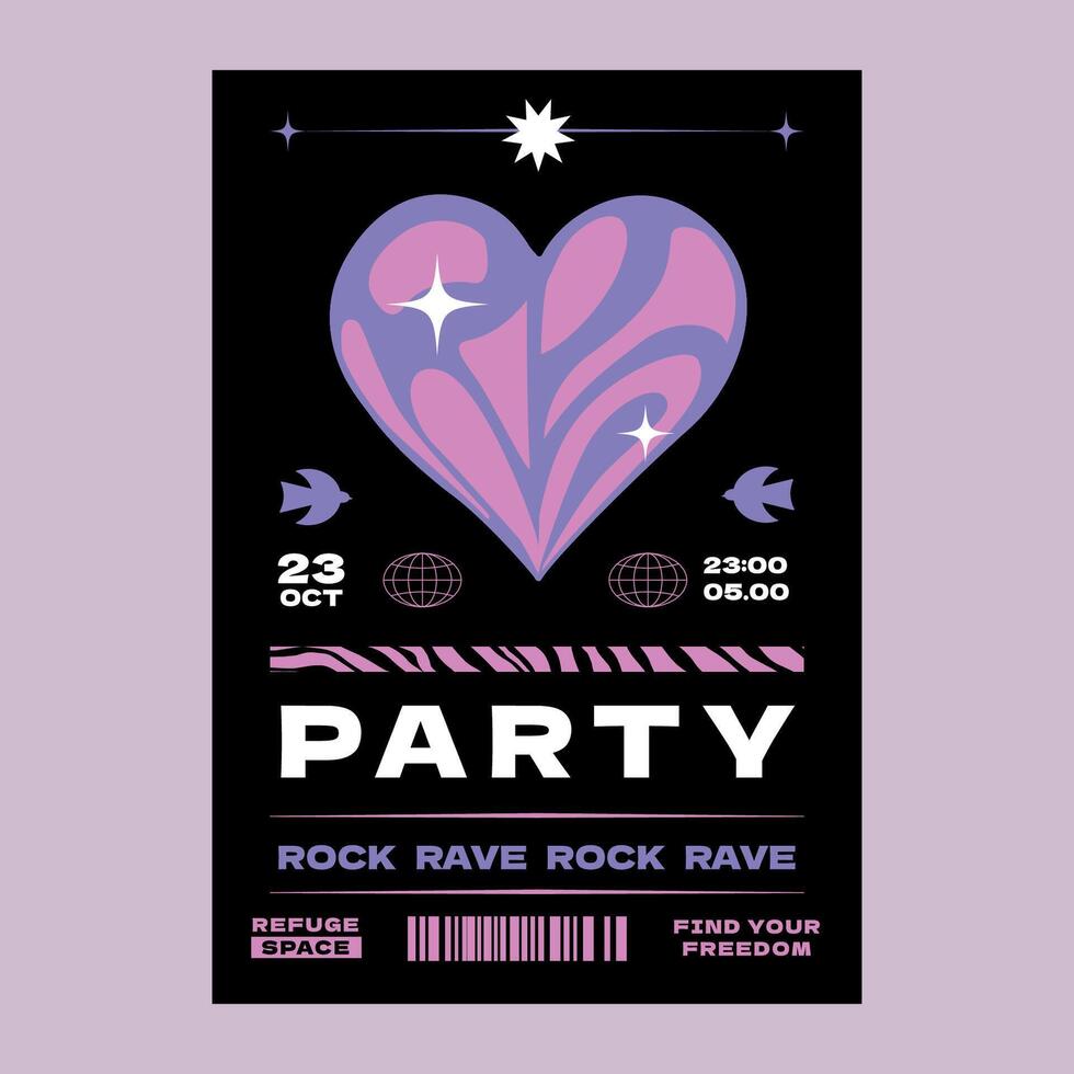 A y2k-style poster with a fluid shining heart. A design template for a techno party. vector