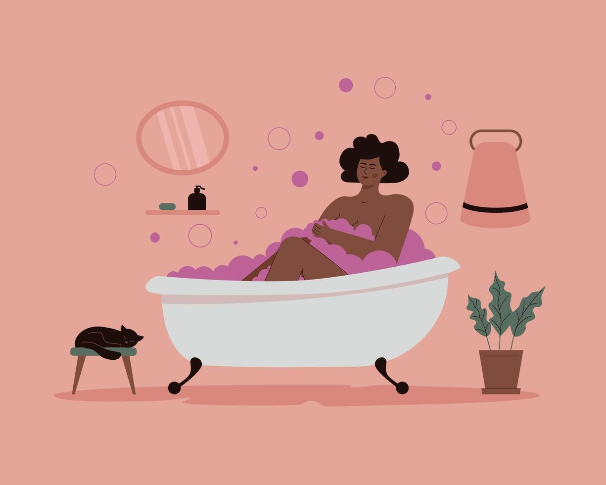 The concept of self-care. An African woman enjoys a bath, a metaphor of emotional harmony, relaxation, satisfaction from routine. vector