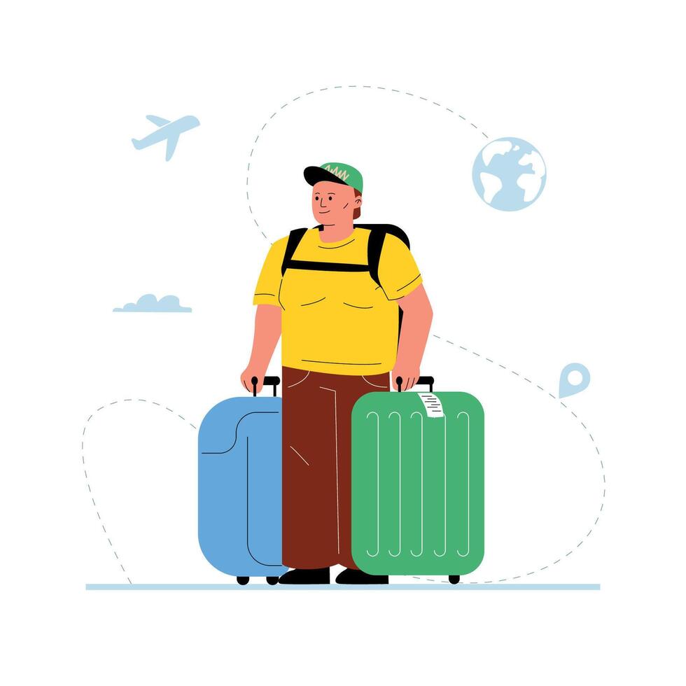 An obese man with suitcases at the airport, waiting for departure. vector