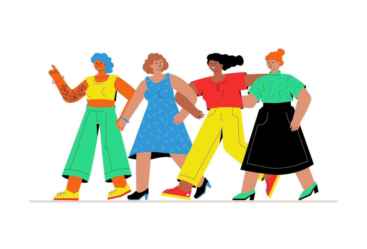 A multiethnic group of happy women walking together. A symbol of solidarity, activism and freedom. vector