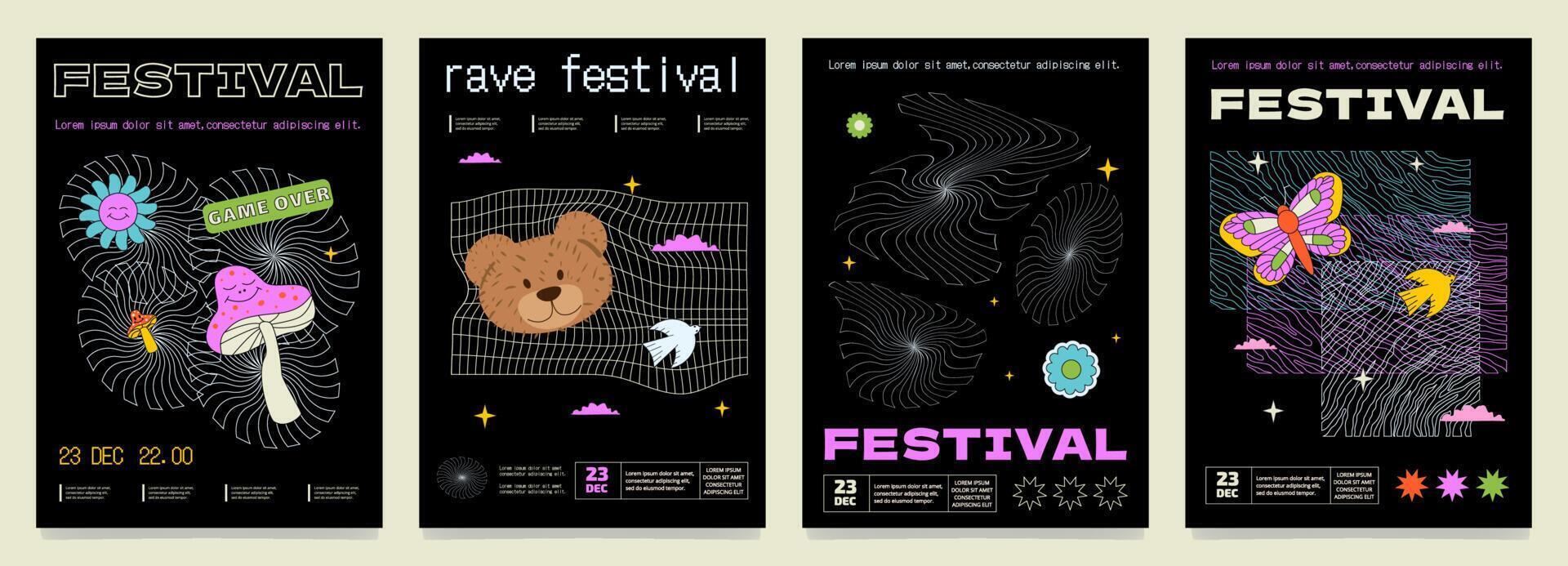 un conjunto de surrealista resumen carteles para un delirio festival. vistoso loco impresión diseño. vector