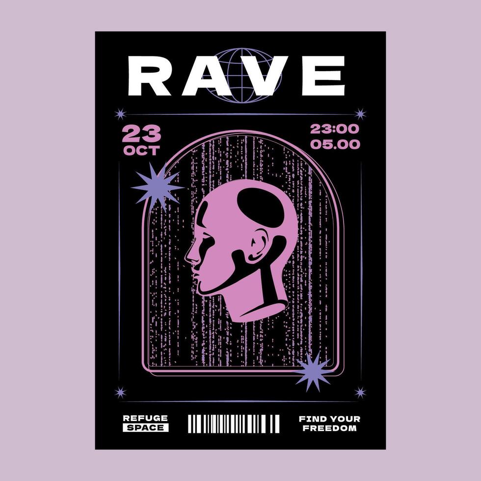 A y2k-style poster with a profile of a human head in a textured arch. A design template for an electronic party. vector