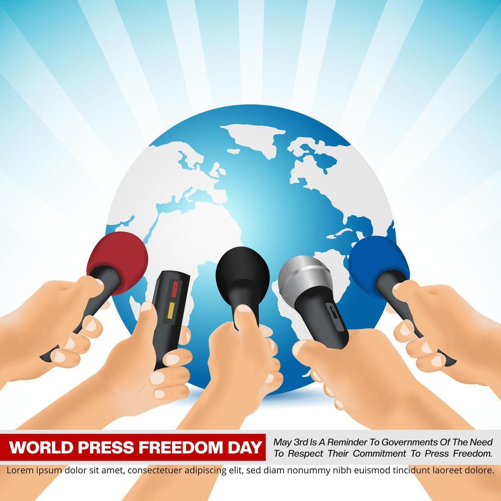 World Press Freedom Day background with hands of reporters with microphone vector